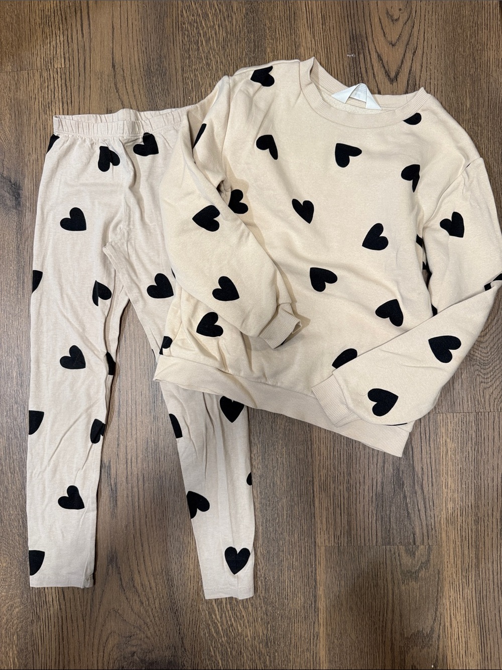 Kids Beige Heart Print Pajama Set - Black Hearts